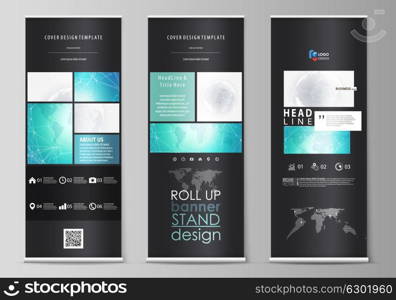 The black colored vector illustration of editable layout of roll up banner stands, vertical flyers, flags design business templates. Chemistry pattern. Molecule structure. Medical, science background. The black colored vector illustration of editable layout of roll up banner stands, vertical flyers, flags design business templates. Chemistry pattern. Molecule structure. Medical, science background.