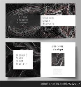 The black colored vector illustration of editable layout of two covers templates for square design bifold brochure, magazine, flyer, booklet. 3D grid surface, wavy vector background with ripple effect.. The black colored vector illustration of editable layout of two covers templates for square design bifold brochure, magazine, flyer, booklet. 3D grid surface, wavy vector background with ripple effect