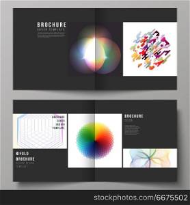 The black colored vector illustration of layout of two covers templates for square design bifold brochure, flyer, booklet. Abstract colorful geometric backgrounds in minimalistic design to choose from. The black colored vector illustration of editable layout of two covers templates for square design bifold brochure, magazine, flyer, booklet. Abstract colorful geometric backgrounds in minimalistic design to choose from