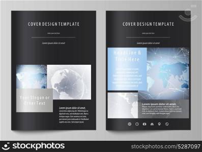 The black colored vector illustration of the editable layout of A4 format covers design templates for brochure, magazine, flyer, booklet. Technology concept. Molecule structure, connecting background.. The black colored vector illustration of the editable layout of A4 format covers design templates for brochure, magazine, flyer, booklet. Technology concept. Molecule structure, connecting background