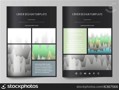 The black colored vector illustration of the editable layout of A4 format covers design templates for brochure, magazine, flyer, booklet. Rows of colored diagram with peaks of different height.. The black colored vector illustration of the editable layout of A4 format covers design templates for brochure, magazine, flyer, booklet. Rows of colored diagram with peaks of different height