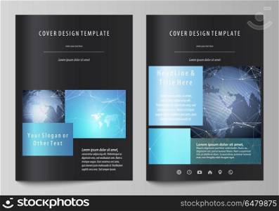 The black colored vector illustration of the editable layout of A4 format covers design templates for brochure, magazine, flyer, booklet. Abstract global design. Chemistry pattern, molecule structure.. The black colored vector illustration of the editable layout of A4 format covers design templates for brochure, magazine, flyer, booklet. Abstract global design. Chemistry pattern, molecule structure