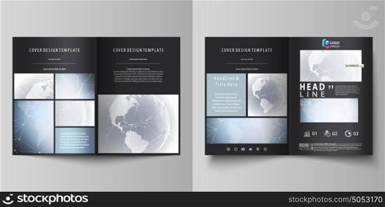 The black colored vector illustration of the editable layout of two A4 format modern covers design templates for brochure, flyer, booklet. Abstract futuristic network shapes. High tech background.. The black colored vector illustration of the editable layout of two A4 format modern covers design templates for brochure, flyer, booklet. Abstract futuristic network shapes. High tech background