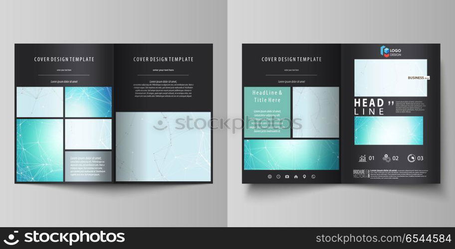 The black colored vector illustration of the editable layout of two A4 format modern covers design templates for brochure, flyer, booklet. Futuristic high tech background, dig data technology concept.. The black colored vector illustration of the editable layout of two A4 format modern covers design templates for brochure, flyer, booklet. Futuristic high tech background, dig data technology concept