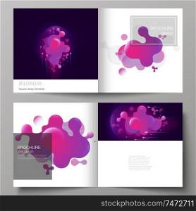 The black colored vector layout of two covers templates for square design bifold brochure, magazine, flyer, booklet. Black background with fluid gradient, liquid pink colored geometric element. The black colored vector layout of two covers templates for square design bifold brochure, magazine, flyer, booklet. Black background with fluid gradient, liquid pink colored geometric element.