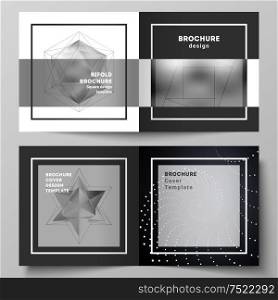 The black colored vector layout of two covers templates for square design bifold brochure, flyer, booklet. 3d polygonal geometric modern design abstract background. Science or technology vector.. The black colored vector layout of two covers templates for square design bifold brochure, magazine, flyer. 3d polygonal geometric modern design abstract background. Science or technology vector.