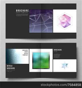 The black colored vector layout of two covers templates for square design bifold brochure, flyer, booklet. 3d polygonal geometric modern design abstract background. Science or technology vector.. The black colored vector layout of two covers templates for square design bifold brochure, magazine, flyer. 3d polygonal geometric modern design abstract background. Science or technology vector.
