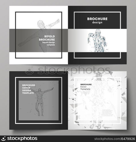 The black colored vector of editable layout of two covers templates for square design bifold brochure, magazine, flyer, booklet. Artificial intelligence concept. Futuristic science vector illustration. Black colored vector of editable layout of two covers templates for square design bifold brochure, magazine, flyer, booklet. Artificial intelligence concept. Futuristic science vector illustration