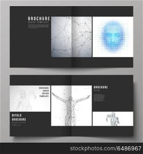 The black colored vector of editable layout of two covers templates for square design bifold brochure, magazine, flyer, booklet. Artificial intelligence concept. Futuristic science vector illustration. Black colored vector of editable layout of two covers templates for square design bifold brochure, magazine, flyer, booklet. Artificial intelligence concept. Futuristic science vector illustration