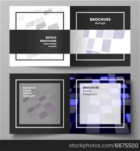 The black colored vector of editable layout of two covers templates for square design bifold brochure, magazine, flyer. Abstract hi-tech background in perspective. Futuristic technology backdrop.. The black colored vector of editable layout of two covers templates for square design bifold brochure, magazine, flyer. Abstract hi-tech background in perspective. Futuristic technology backdrop