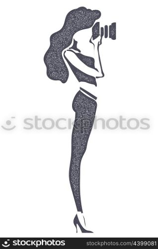 The black silhouette of a girl-photographer on a white background. Girl with retro camera. Stock vector illustration.