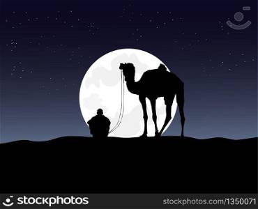 The black silhouette of the people and the camel on the top of the hill has the moon and blue sky in the background