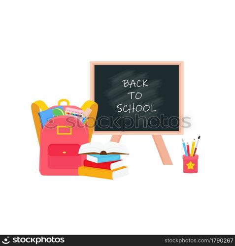 the blackboard in the classroom school supplies stationery, pencil case, pencil case, pen, pile of books, photorealistic literature, notebook, notebook textbook,school bag,Palettes and brushes in art . vector illustration.