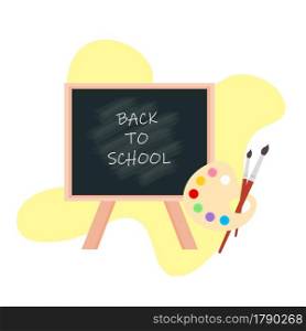 the blackboard in the classroom school supplies stationery, pencil case, pencil case, pen, pile of books, photorealistic literature, notebook, notebook textbook,school bag,Palettes and brushes in art . vector illustration.