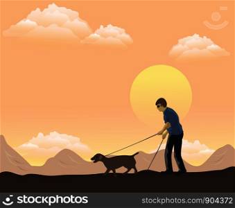 The blind man in his hand had a guide rod, with a walking dog in front.There are mountains and sunsets in the background.