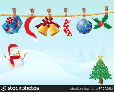 the blue background of hanging Christmas gifts in snowing for Christmas design