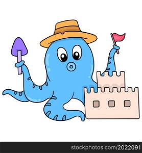 the blue octopus is on vacation at the beach making a sand castle