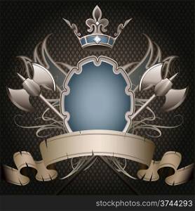 The blue shield with two axes, crown and banner against dark lattice background drawn in classic style