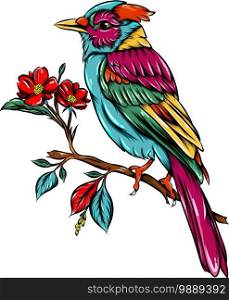 The blur jay bird zentangle with the good colour is sitting on the small branch tree beside the flowers