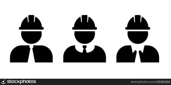 The boss, foreman manager or business man. Construction worker in protective clothing and helmet. Person profile with safety helmet. Flat vector sign. Pictogram logo icon. Safety vest and equipment.