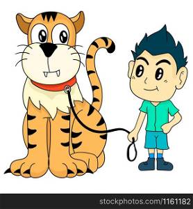 the boy and his pet tiger. vector illustration cartoon