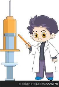 The boy doctor is standing while explaining the function of syringes in medicine, cartoon flat illustration
