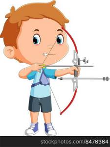 The boy is aiming and doing the archery for the competition 