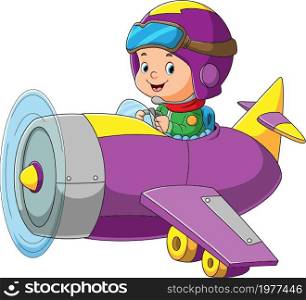 The boy is flight a plane with the safety helmet
