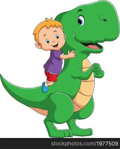 The boy is hugging the dinosaur tyrannosaurus