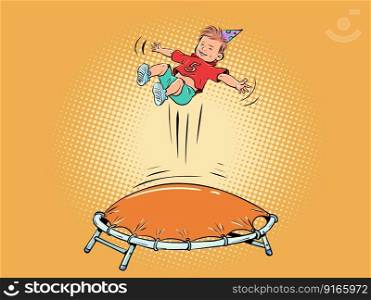 The boy is jumping on the trampoline. Entertainment for a child birthday. Advertisement for an entertainment center for children. Comic cartoon pop art retro vector illustration hand drawing. The boy is jumping on the trampoline. Entertainment for a childs birthday. Advertisement for an entertainment center for children.