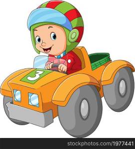 The boy is playing and riding a car