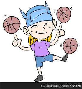 the boy is playing basketball. cartoon illustration sticker mascot emoticon