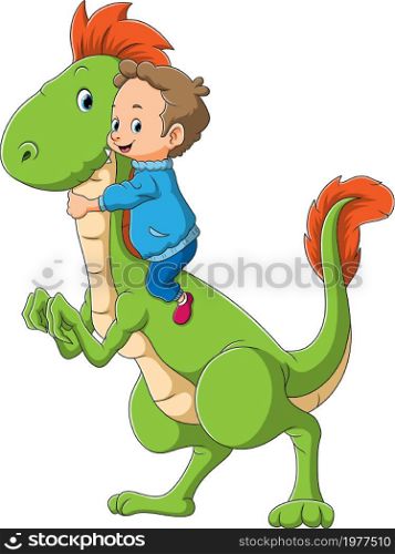 The boy is playing the dinosaur stegosaurus