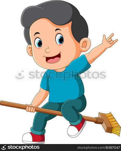 The boy is riding the broom and playing in the classroom 
