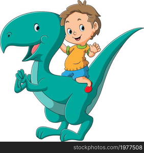 The boy is riding the dinosaur megalosaurus