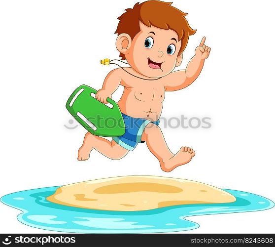 The boy is running to the water to play little surfboard
