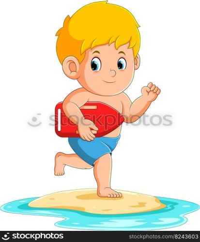 The boy is running with the small surfboard to swim on the water