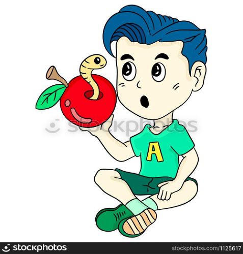 the boy saw the caterpillar coming out of the apple. cartoon illustration cute sticker