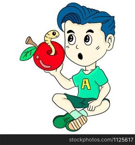 the boy saw the caterpillar coming out of the apple. cartoon illustration cute sticker