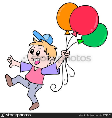 the boy walking with lots of colorful balloons