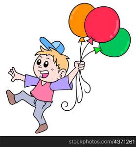 the boy walking with lots of colorful balloons