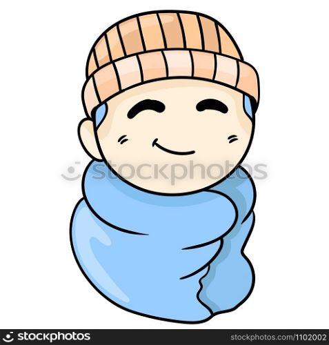 the boy was blanketed and smiling. cartoon illustration sticker emoticon