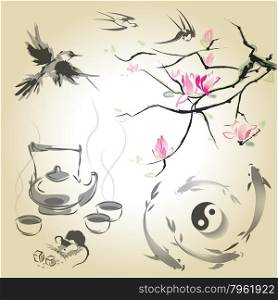 The branch of magnolia in the traditional Japanese style of sumi-e, tea ceremony and swallows, Japanese carp and yin yang.