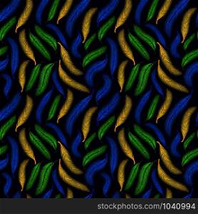 The Brazilian background from feathers in the Brazilian ethnic color. Seamless pattern. Carnival background on the black.. Seamless pattern. Carnival background on the dark blue.