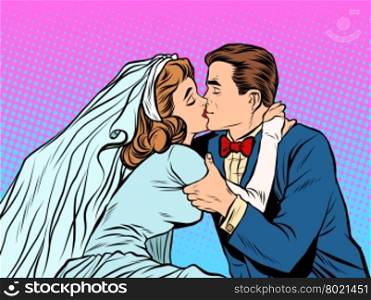 The bride and groom kiss pop art retro style. Man and woman at the wedding. Love couple. The bride and groom kiss