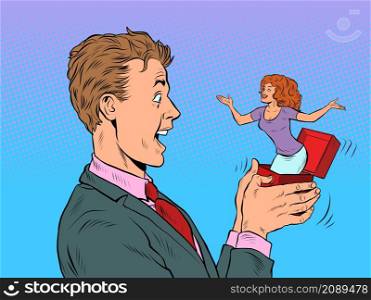 The bride and groom, the man is surprised box valentine surprise greeting, love romance. Pop Art Retro Vector Illustration 50s 60s Vintage kitsch Style. The bride and groom, the man is surprised box valentine surprise greeting, love romance