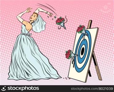The bride bouquet flower girl throws on target pop art retro style. Wedding and betrothal. Wedding tradition. Bride and flower bouquet. The bride bouquet flower girl throws on target