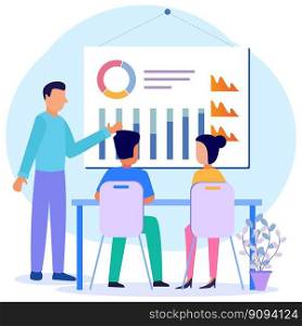 The business teacher stands at the point of the chart chart. Character of people Looking for information, ideas, consulting, education, business and lifestyle. Modern vector illustration.