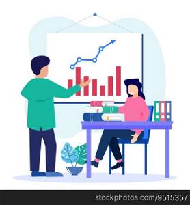 The business teacher stands at the point of the chart chart. Character of people Looking for information, ideas, consulting, education, business and lifestyle. Modern vector illustration.