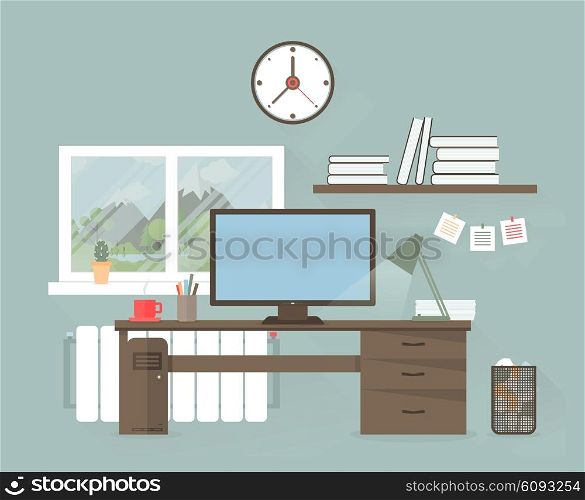 The businessman behind a table at office. A vector illustration